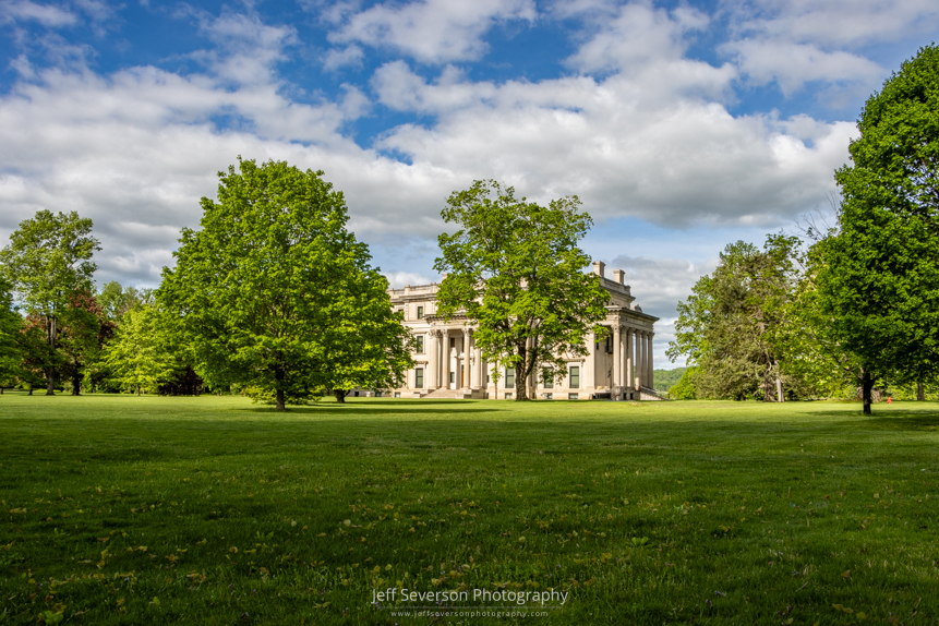 A landscape photo of the grounds in front of Vanderbilt Mansion in Hyde Park, NY on a May morning.